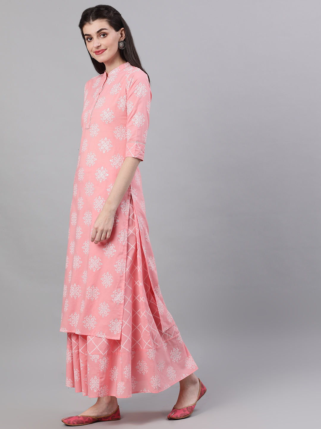 NOZ2TOZ Women Pink Three-Quarter Sleeves Straight Kurta Skirt Set With Dupatta - Distacart