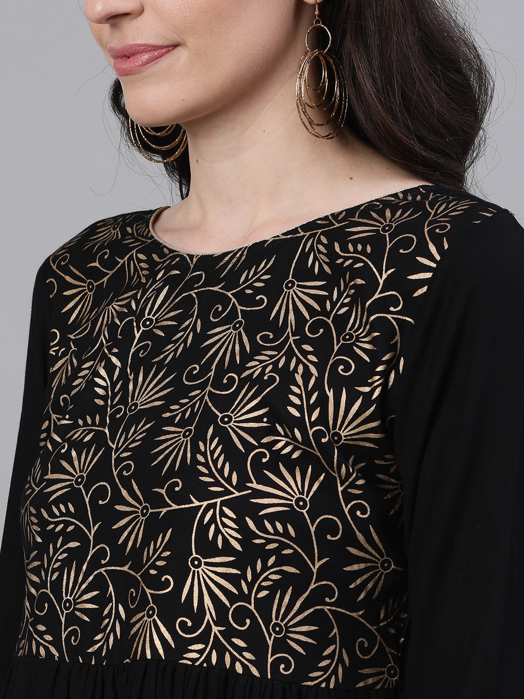 NOZ2TOZ Women Black Floral Solid Round Neck Viscose Rayon Maxi Dress With Dupatta - Distacart
