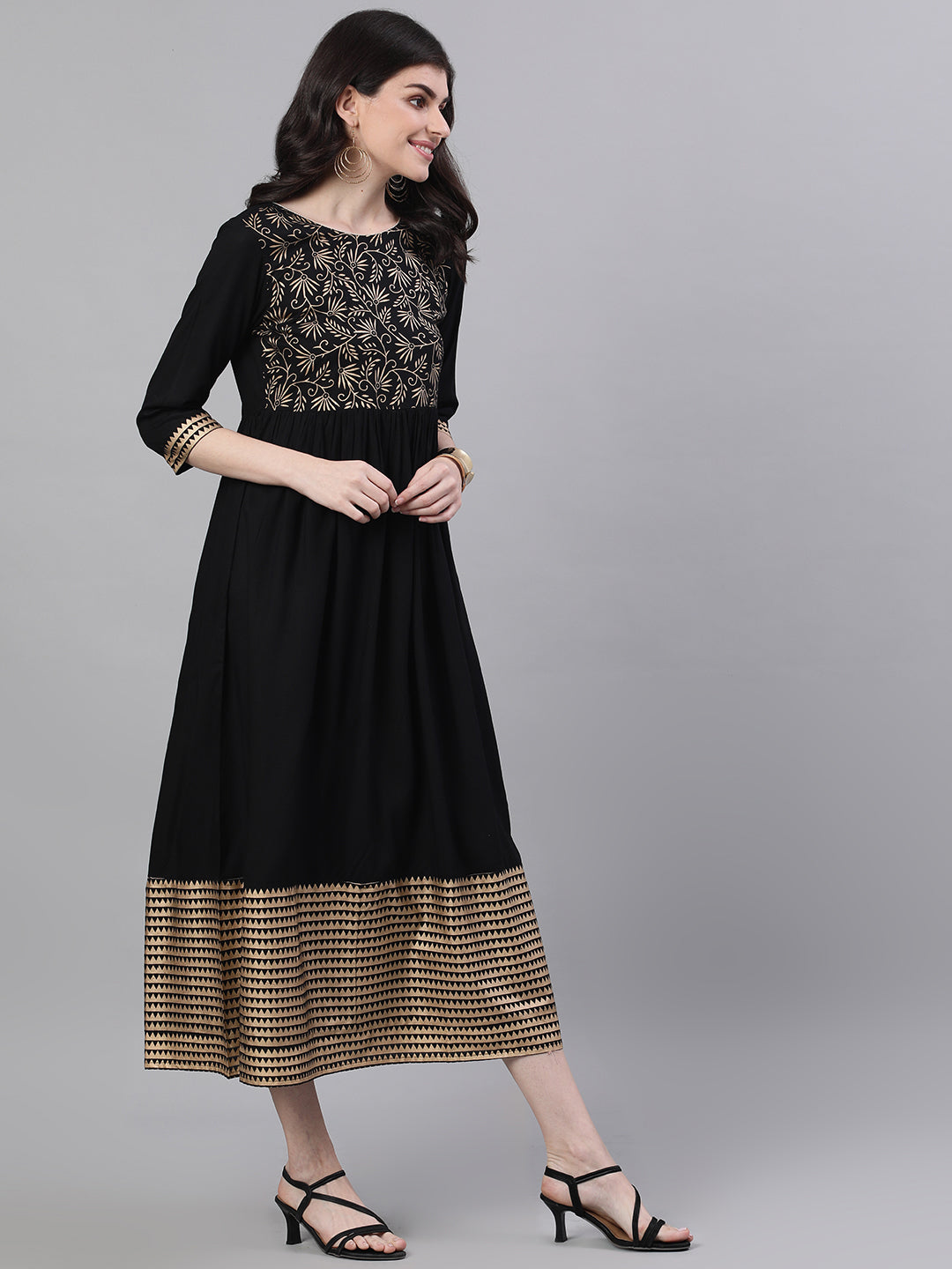 NOZ2TOZ Women Black Floral Solid Round Neck Viscose Rayon Maxi Dress With Dupatta - Distacart