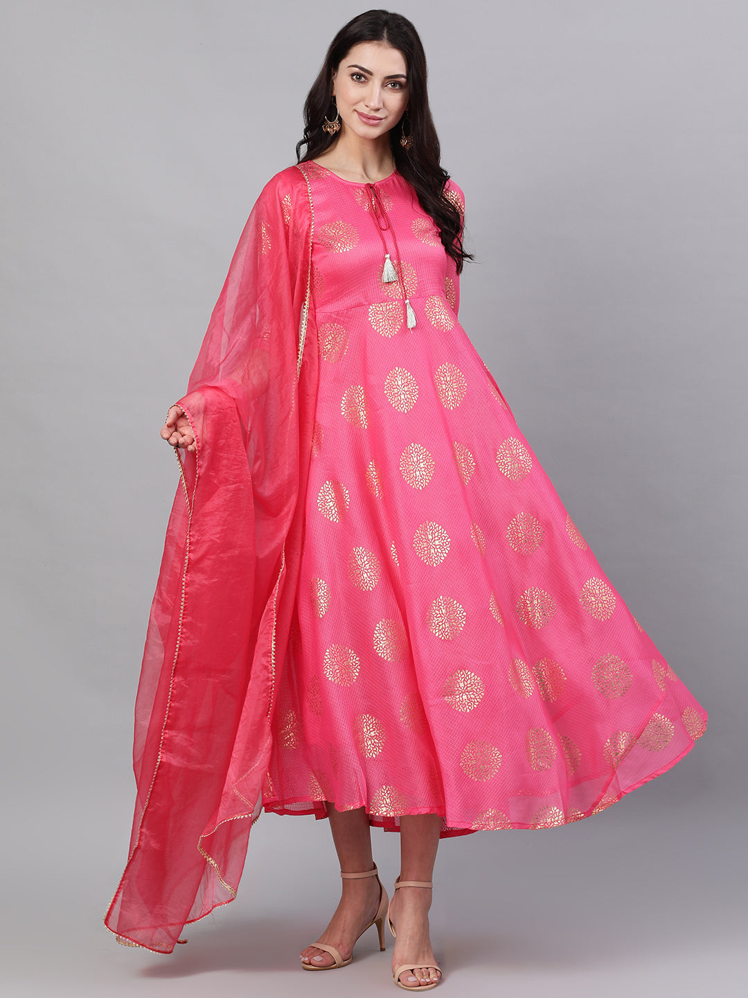 NOZ2TOZ Women Pink Ethnic Motifs Printed Tie-Up Neck Cotton Maxi Dress With Dupatta - Distacart
