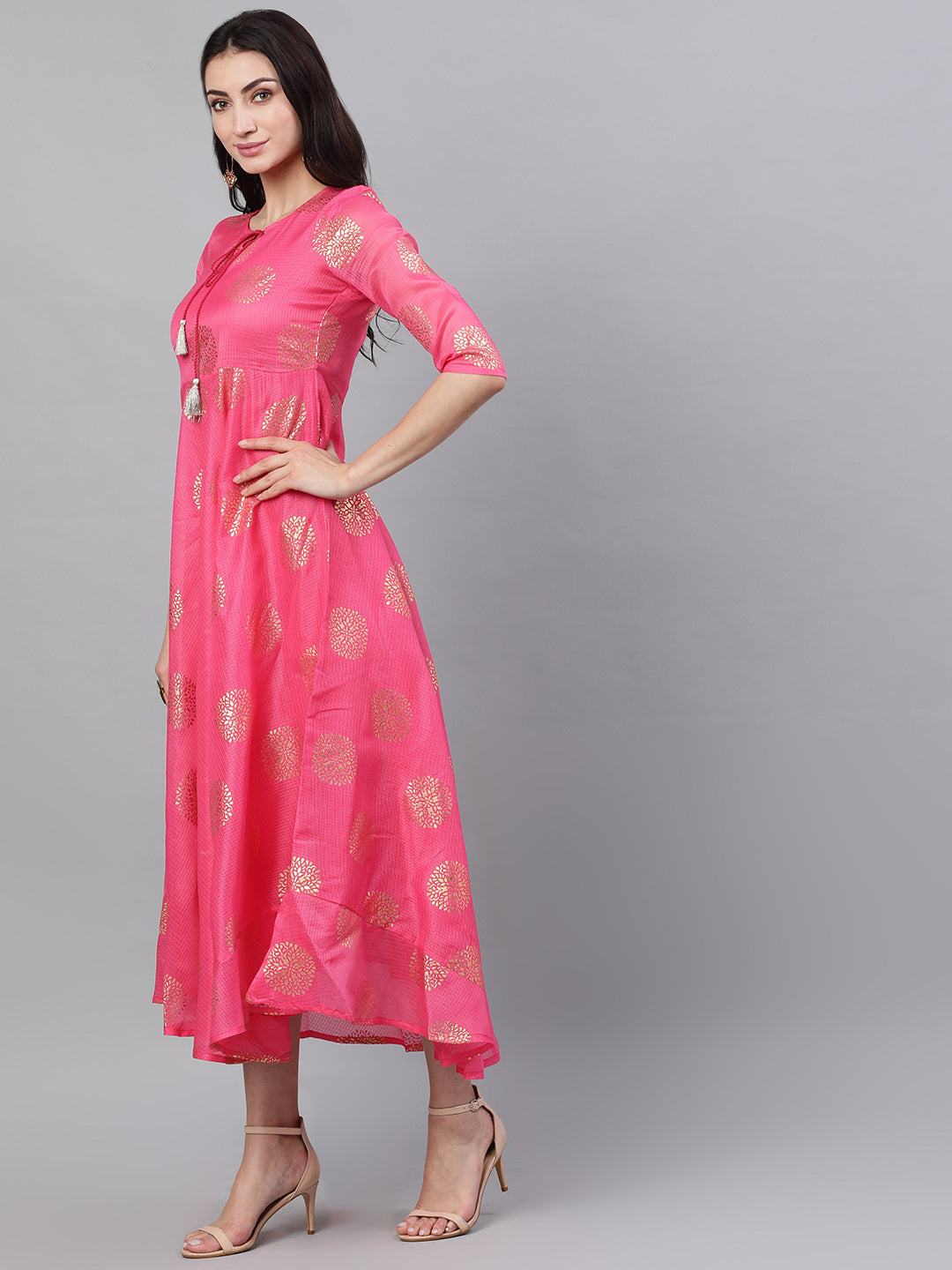 NOZ2TOZ Women Pink Ethnic Motifs Printed Tie-Up Neck Cotton Maxi Dress With Dupatta - Distacart