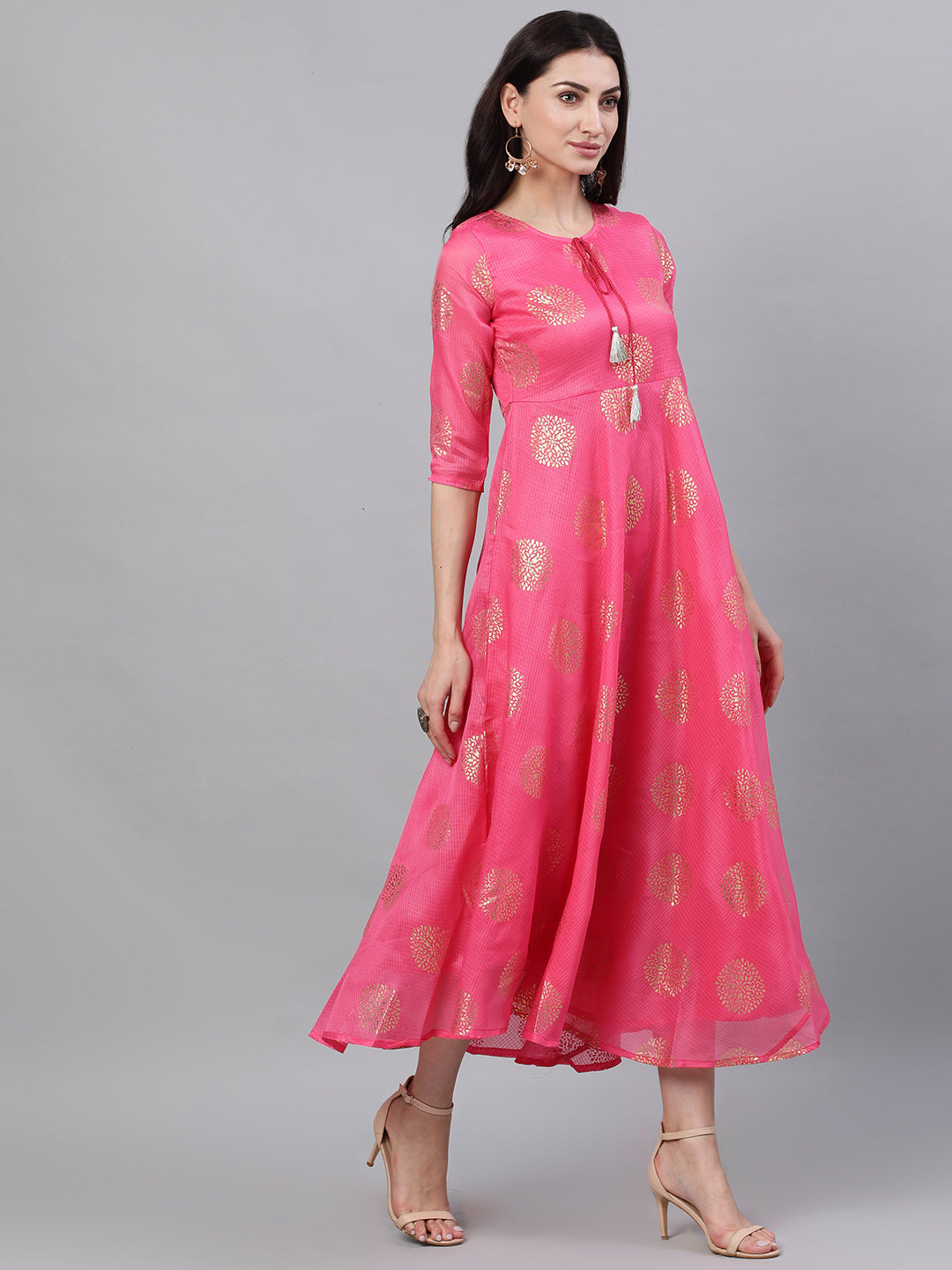 NOZ2TOZ Women Pink Ethnic Motifs Printed Tie-Up Neck Cotton Maxi Dress With Dupatta - Distacart