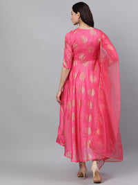Thumbnail for NOZ2TOZ Women Pink Ethnic Motifs Printed Tie-Up Neck Cotton Maxi Dress With Dupatta - Distacart