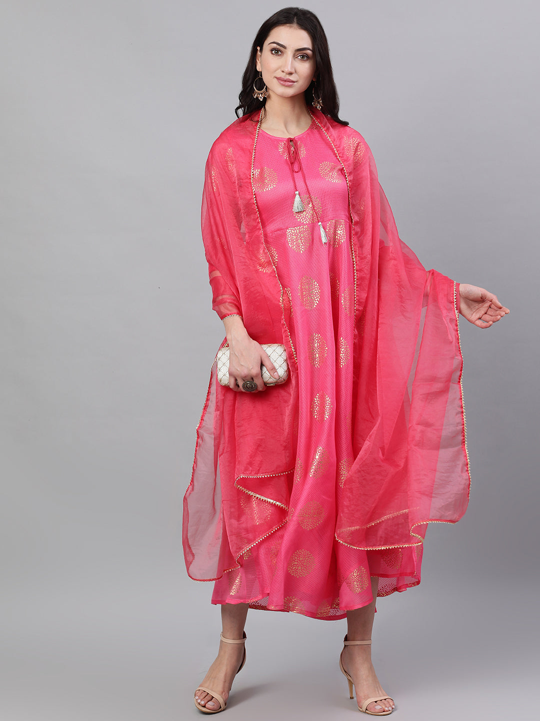 NOZ2TOZ Women Pink Ethnic Motifs Printed Tie-Up Neck Cotton Maxi Dress With Dupatta - Distacart