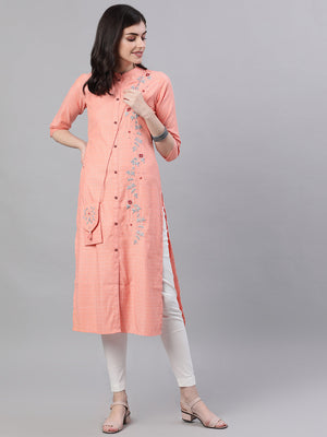 NOZ2TOZ Women Peach Calf Length Three-Quarter Sleeves Straight Abstract Embroidered Viscose Rayon Kurta - Distacart