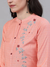 Thumbnail for NOZ2TOZ Women Peach Calf Length Three-Quarter Sleeves Straight Abstract Embroidered Viscose Rayon Kurta - Distacart
