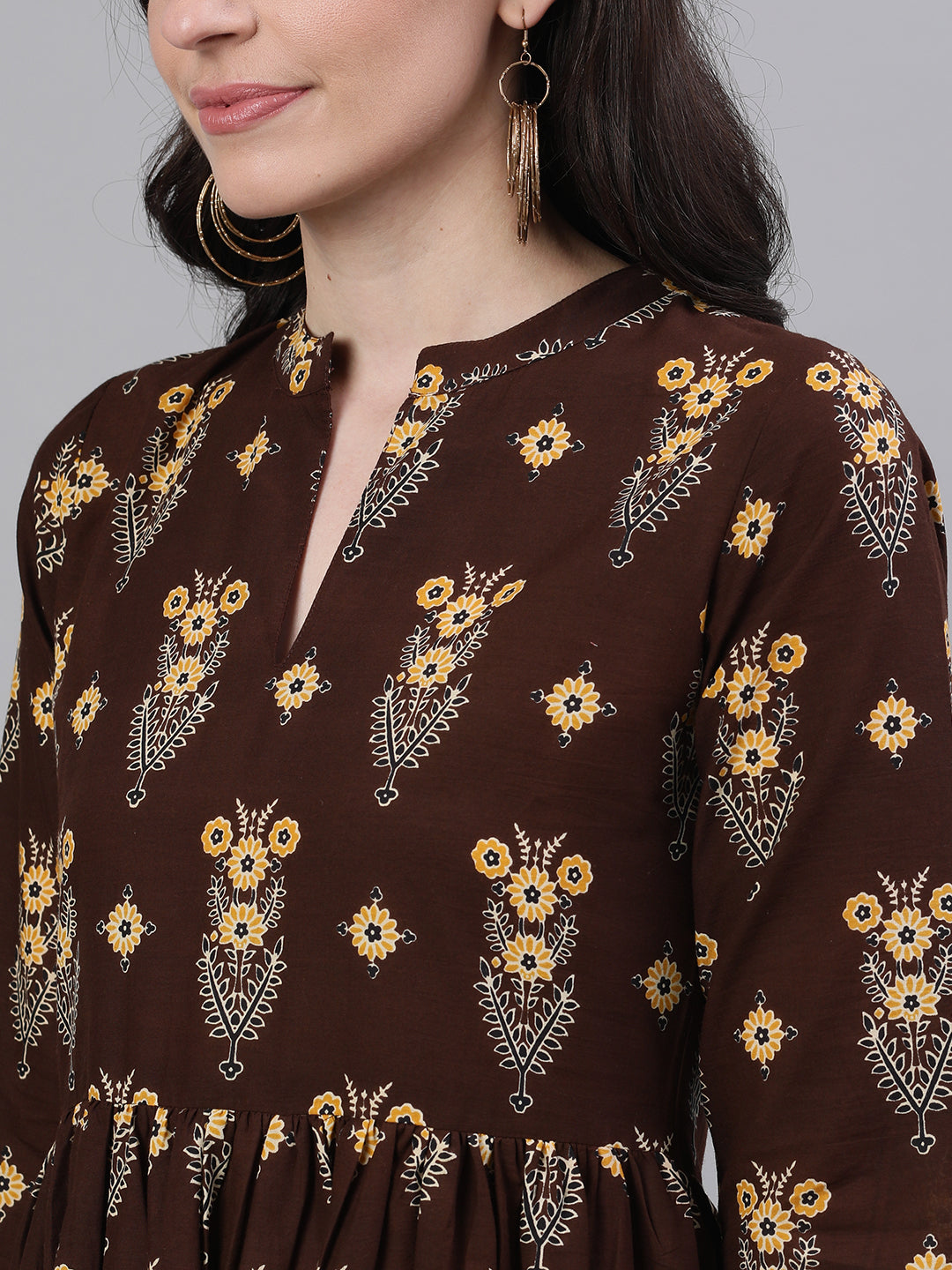 NOZ2TOZ Women Brown Ethnic Motifs Printed Mandarin Collar Cotton Maxi Dress - Distacart