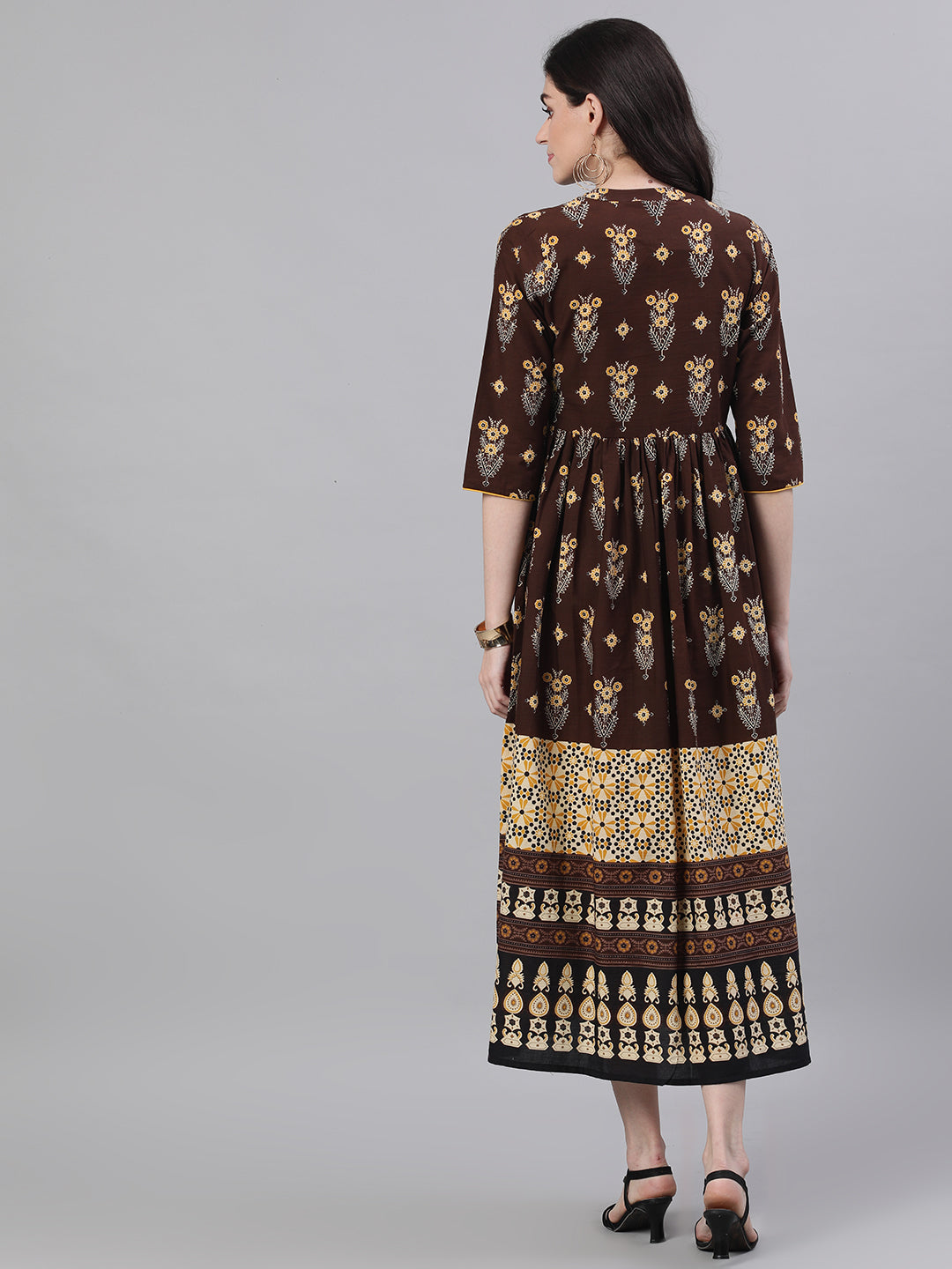 NOZ2TOZ Women Brown Ethnic Motifs Printed Mandarin Collar Cotton Maxi Dress - Distacart