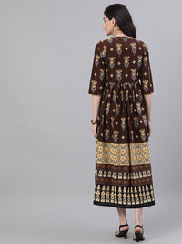 Thumbnail for NOZ2TOZ Women Brown Ethnic Motifs Printed Mandarin Collar Cotton Maxi Dress - Distacart