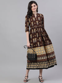 Thumbnail for NOZ2TOZ Women Brown Ethnic Motifs Printed Mandarin Collar Cotton Maxi Dress - Distacart