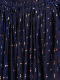 Thumbnail for NOZ2TOZ Women Navy Blue Three-Quarter Sleeves Straight Kurta Skirt With Dupatta - Distacart