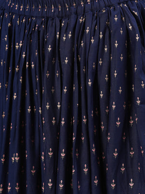NOZ2TOZ Women Navy Blue Three-Quarter Sleeves Straight Kurta Skirt With Dupatta - Distacart