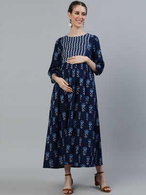 NOZ2TOZ Women Blue Indigo Printed Flared Maternity Dress With Three Quarters sleeves - Distacart