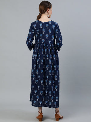 NOZ2TOZ Women Blue Indigo Printed Flared Maternity Dress With Three Quarters sleeves - Distacart