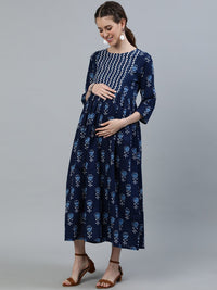 Thumbnail for NOZ2TOZ Women Blue Indigo Printed Flared Maternity Dress With Three Quarters sleeves - Distacart
