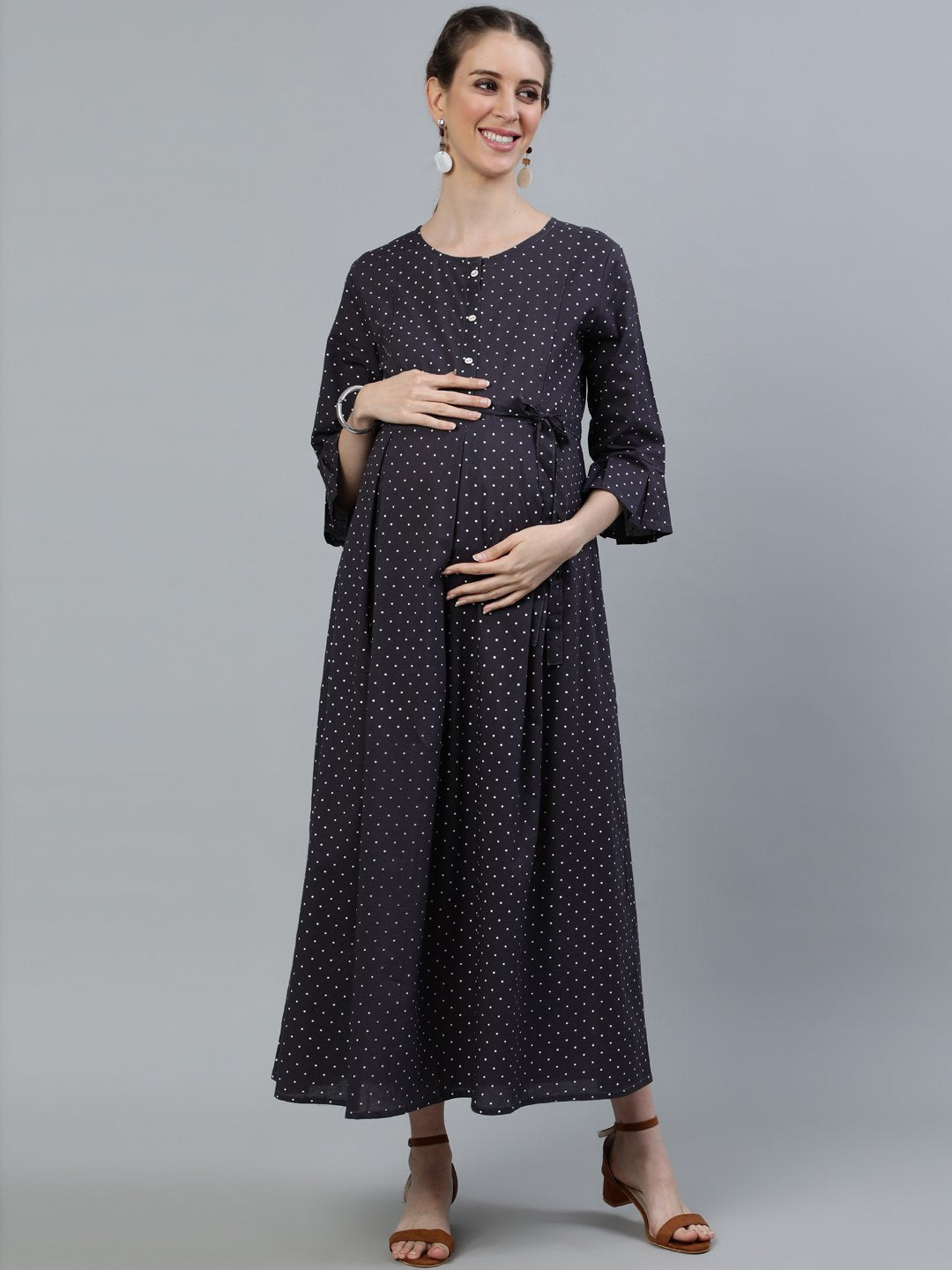 NOZ2TOZ Women Taupe Polka dots Maternity dress with Belt - Distacart