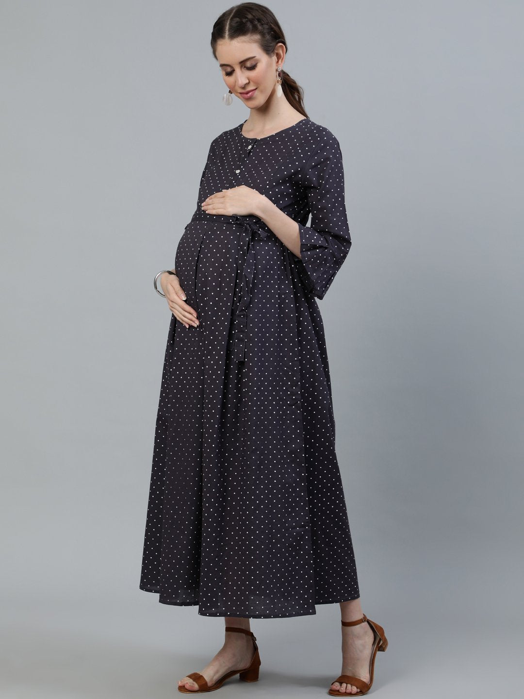 NOZ2TOZ Women Taupe Polka dots Maternity dress with Belt - Distacart