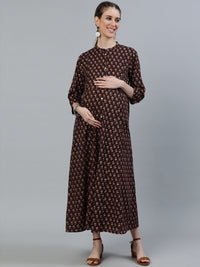 Thumbnail for NOZ2TOZ Women Brown Printed Maternity Dress With Three quarter sleeves - Distacart