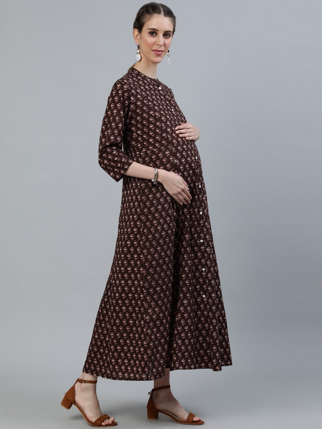 NOZ2TOZ Women Brown Printed Maternity Dress With Three quarter sleeves - Distacart