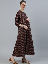 Thumbnail for NOZ2TOZ Women Brown Printed Maternity Dress With Three quarter sleeves - Distacart