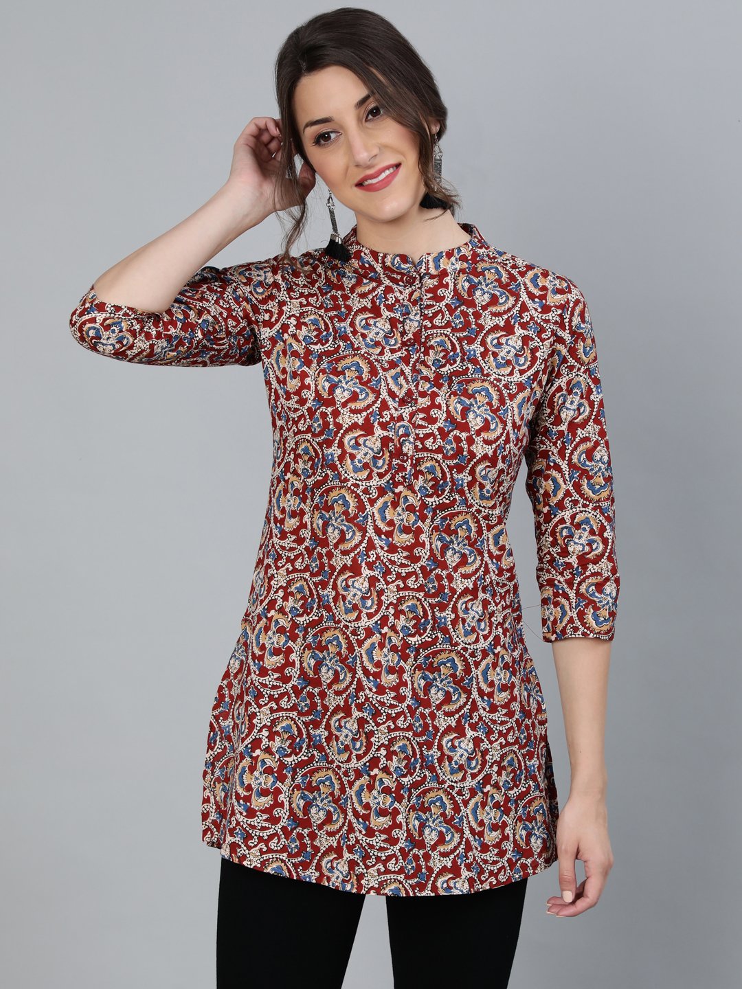 NOZ2TOZ Women Maroon Printed Tunic With Mandarin Collar & Three Quarter Sleeves - Distacart