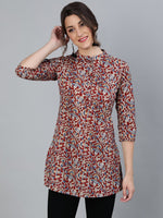 Thumbnail for NOZ2TOZ Women Maroon Printed Tunic With Mandarin Collar & Three Quarter Sleeves - Distacart