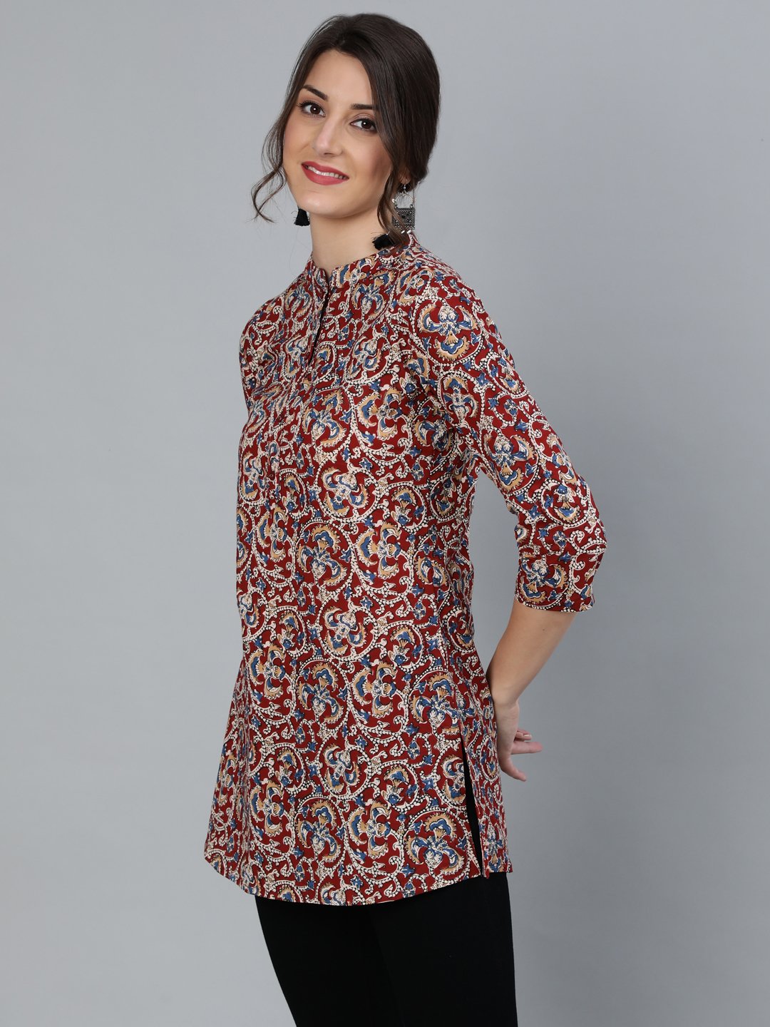 NOZ2TOZ Women Maroon Printed Tunic With Mandarin Collar & Three Quarter Sleeves - Distacart