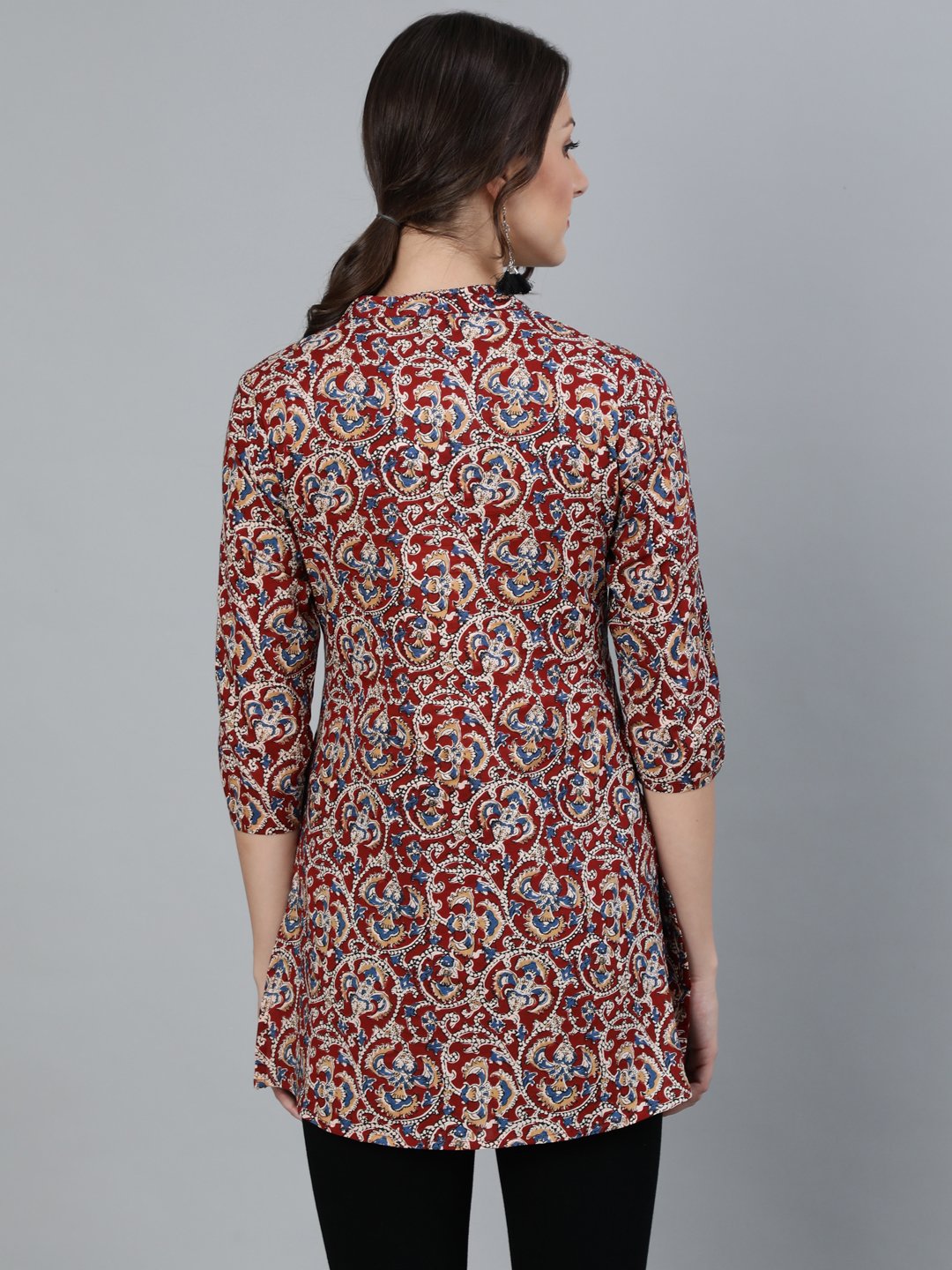 NOZ2TOZ Women Maroon Printed Tunic With Mandarin Collar & Three Quarter Sleeves - Distacart