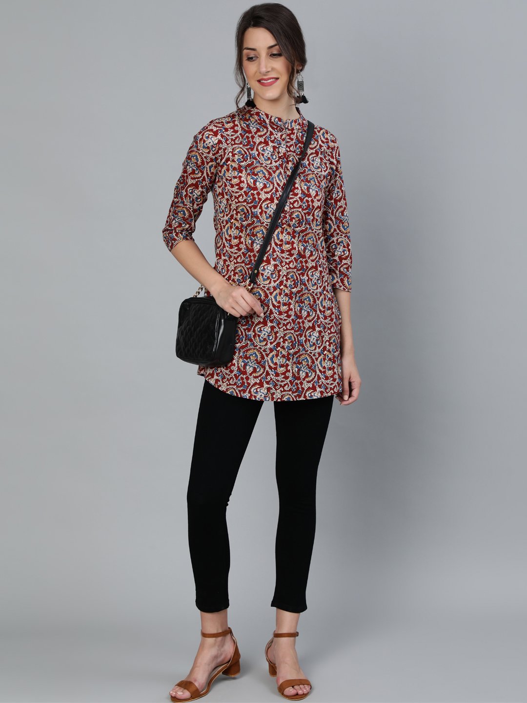 NOZ2TOZ Women Maroon Printed Tunic With Mandarin Collar & Three Quarter Sleeves - Distacart