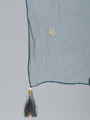 NOZ2TOZ Women Teal Blue Gold Embroidered Straight Kurta With Tired Sharara & Organza Dupatta - Distacart