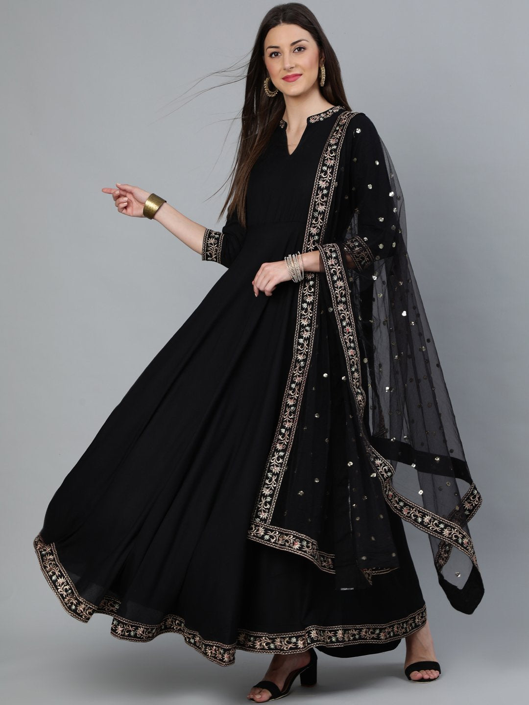 NOZ2TOZ Women Black Flared Embroidered Dress With Sequinned Dupatta - Distacart