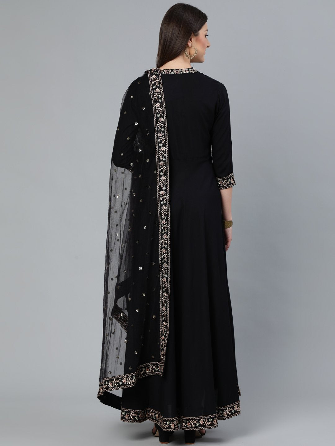 NOZ2TOZ Women Black Flared Embroidered Dress With Sequinned Dupatta - Distacart