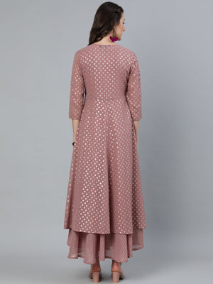NOZ2TOZ Women Mauve Foil Printed Dress With Three Quater Sleeves Jacket - Distacart