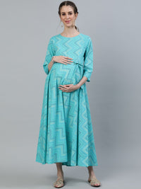 Thumbnail for NOZ2TOZ Women Blue Printed Maternity Dress With Three quarter sleeves - Distacart
