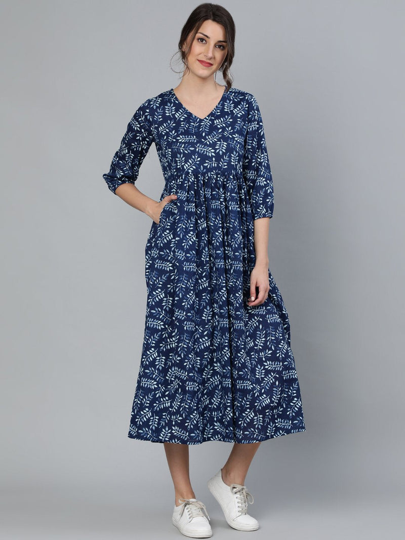 NOZ2TOZ Women Indigo Blue Printed Dress With Three Quarter Sleeves - Distacart