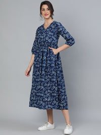 Thumbnail for NOZ2TOZ Women Indigo Blue Printed Dress With Three Quarter Sleeves - Distacart