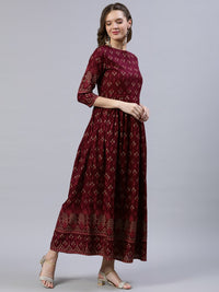 Thumbnail for NOZ2TOZ Women Burgundy Printed Dress With Three Quarter Sleeves - Distacart