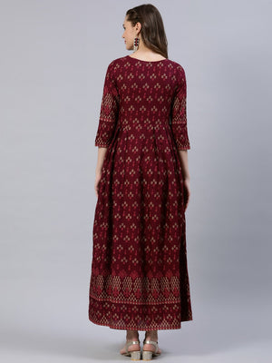 NOZ2TOZ Women Burgundy Printed Dress With Three Quarter Sleeves - Distacart