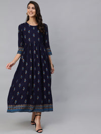 Thumbnail for NOZ2TOZ Women Navy Blue & Gold Printed Maxi Dress With Three Quarter Sleeves - Distacart