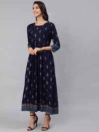 Thumbnail for NOZ2TOZ Women Navy Blue & Gold Printed Maxi Dress With Three Quarter Sleeves - Distacart
