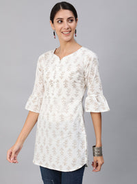 Thumbnail for NOZ2TOZ Women Off-White & Gold Printed Tunic With Three Quarter Sleeves - Distacart