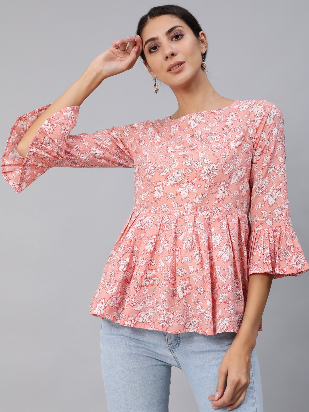 NOZ2TOZ Women Pink Floral Printed Top With Three Quarter Flared Sleeves - Distacart