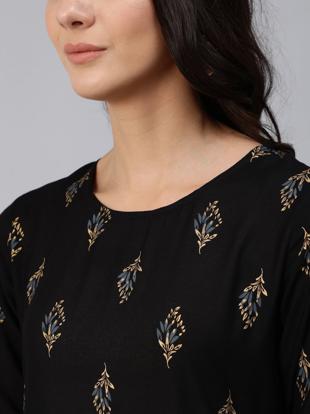 NOZ2TOZ Women Black & Gold Printed Maxi Dress With Three Quarter Sleeves - Distacart
