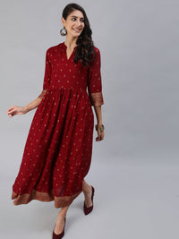 Thumbnail for NOZ2TOZ Women Maroon & Gold Printed Maxi Dress With Three Quarter Sleeves - Distacart