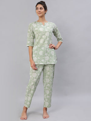 NOZ2TOZ Women Green Floral Printed Night Suit Set - Distacart