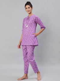 Thumbnail for NOZ2TOZ Women Purple & White Printed Pure Cotton Night Suit - Distacart