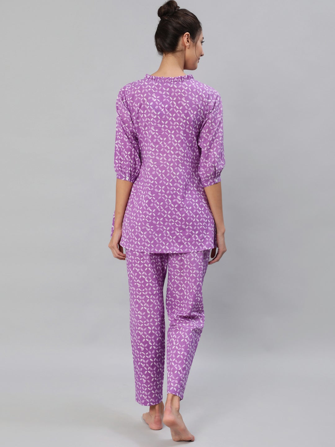 NOZ2TOZ Women Purple & White Printed Pure Cotton Night Suit - Distacart