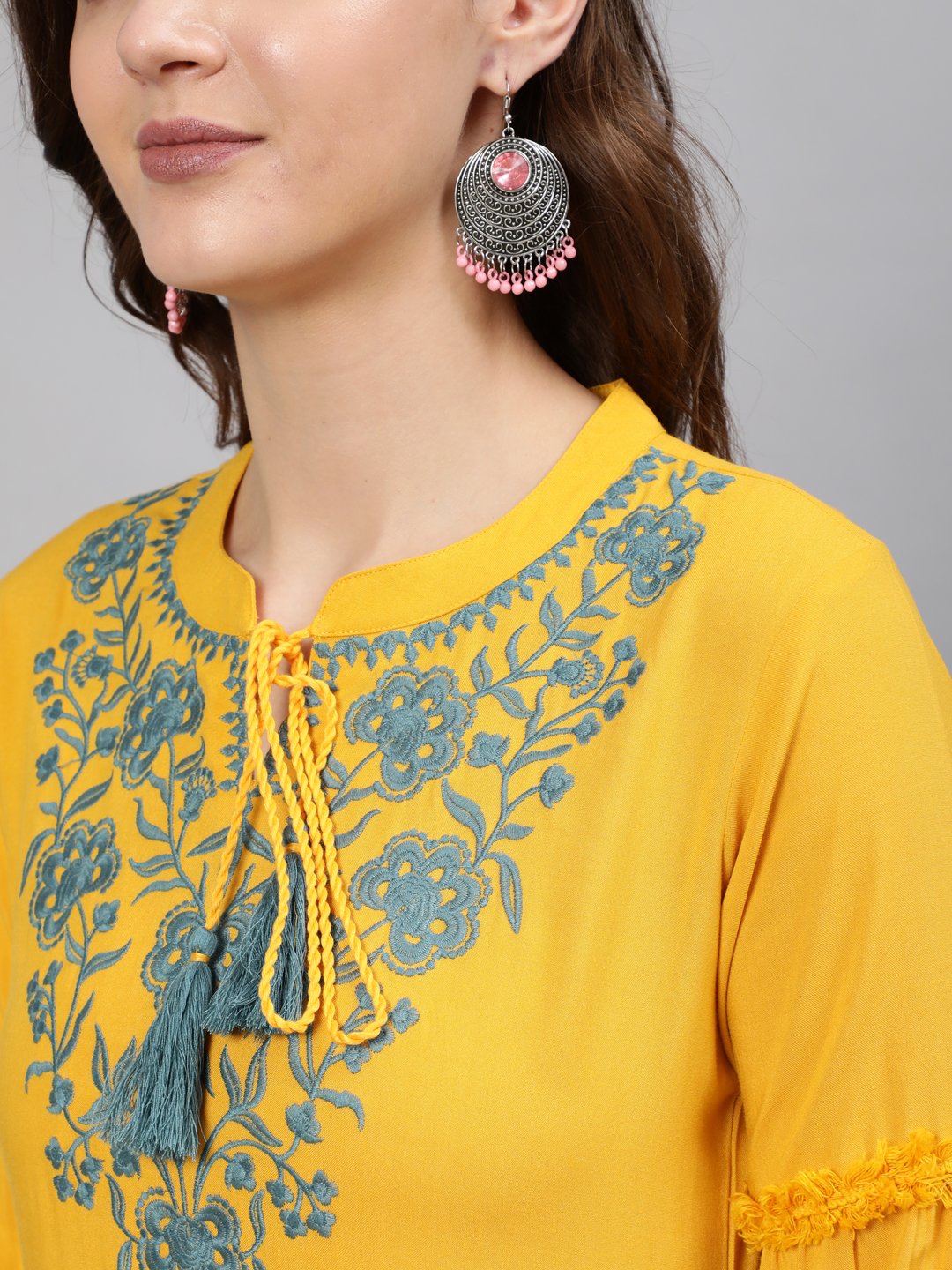 NOZ2TOZ Women Mustard Embroidered Straight Kurta With Three Quarter Sleeves - Distacart