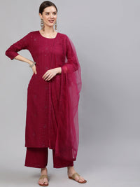 Thumbnail for NOZ2TOZ Women Wine Sequinned Embroidered Straight Kurta With Plazo & Dupatta - Distacart