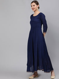 Thumbnail for NOZ2TOZ Women Navy Blue Embroidered Maxi Dress WIth Scalloped Dupatta - Distacart